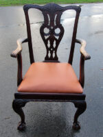 A substantial Ball & Claw Carver Chair for Alan in Llanon. A Christmas present from his mum. Chippendale-style Carver chair with ball and claw feet covered in real leather.