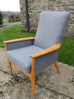 Baltic-denim refurbished Parker Knoll chair Refurbished Parker Knoll chair covered in a denim-coloured fabric and refinished woodwork.