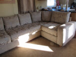Static caravan upholstery Large static caravan reupholstered in a 2 fabric design, plain on the arms, pattern on cushions.
