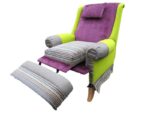 A commission of an original Parker Knoll reclining chair given the full Needle Rock effect. Parker Knoll reclining chair given a superb makeover. Kiwi green wool fabric gives a real zing!