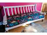 A 1980's wooden sofa given a modern new look with Emma J Shipley fabric. A 1980's wooden sofa given a modern new look with Emma J Shipley fabric.